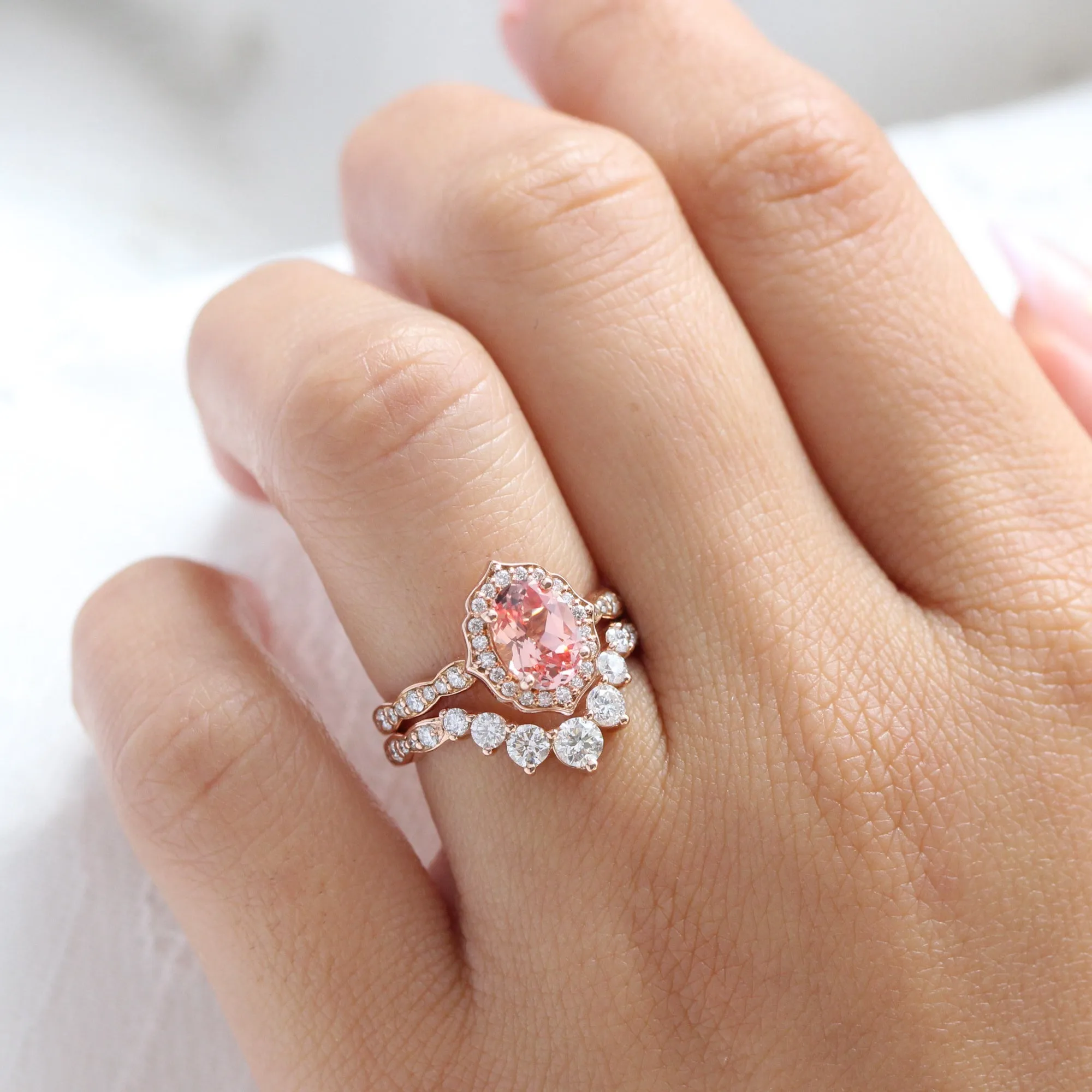 Vintage Floral Oval Ring Bridal Set w/ Peach Sapphire and Large 7 Diamond Scalloped Band
