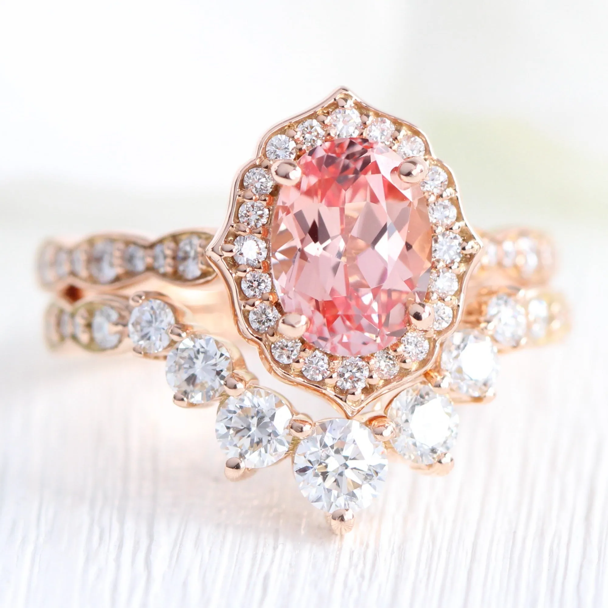 Vintage Floral Oval Ring Bridal Set w/ Peach Sapphire and Large 7 Diamond Scalloped Band