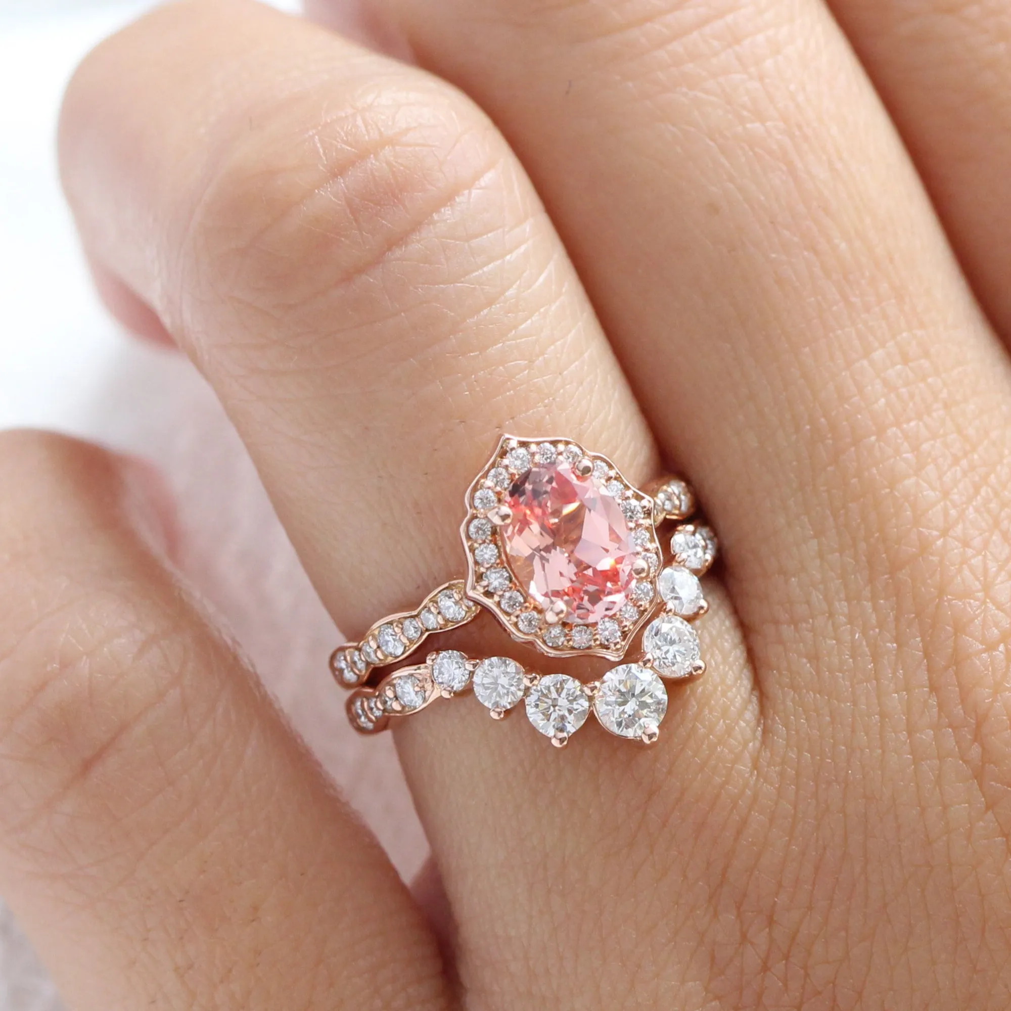 Vintage Floral Oval Ring Bridal Set w/ Peach Sapphire and Large 7 Diamond Scalloped Band