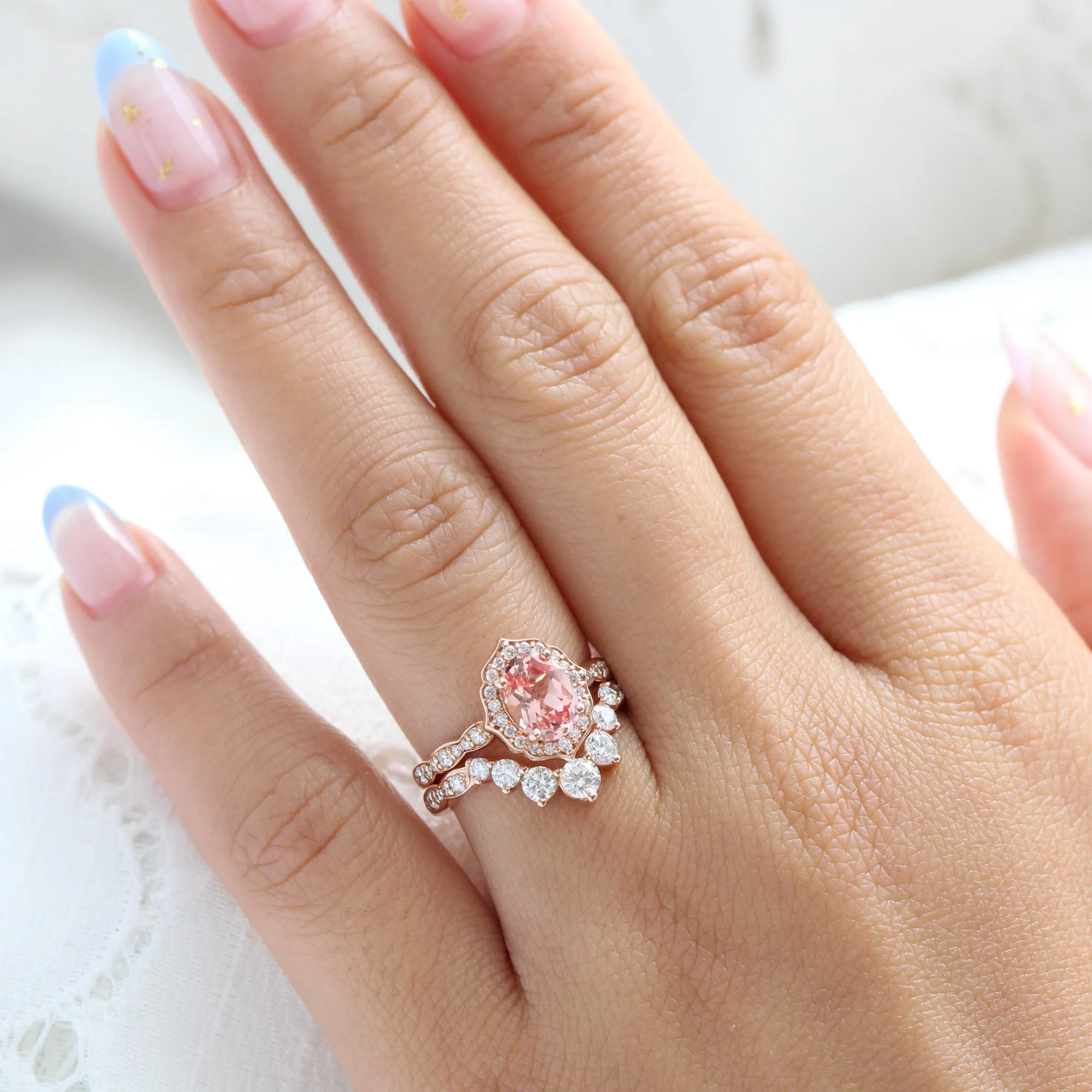 Vintage Floral Oval Ring Bridal Set w/ Peach Sapphire and Large 7 Diamond Scalloped Band