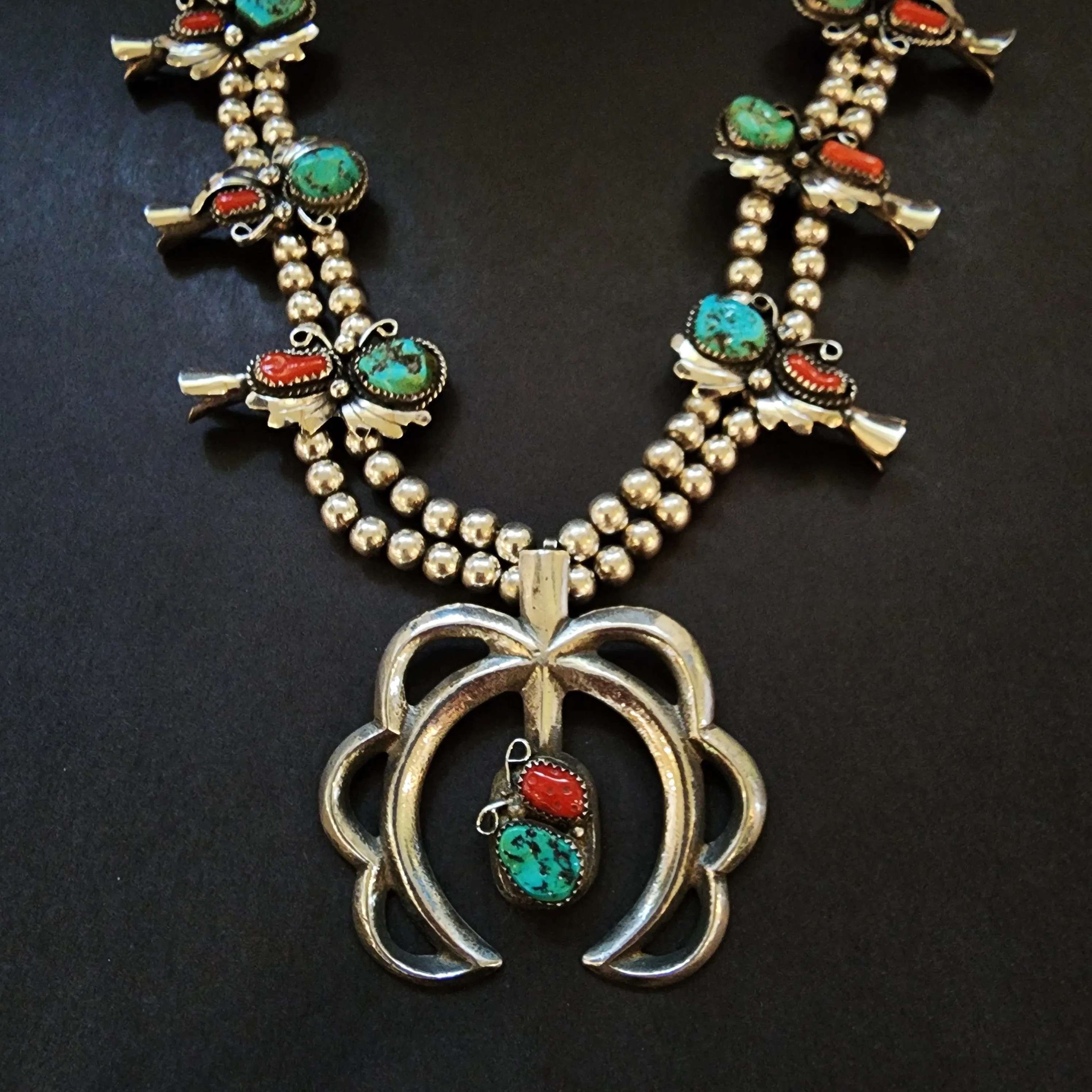 Vintage Red Coral & Turquoise Squash Blossom Necklace - 22.5" Long