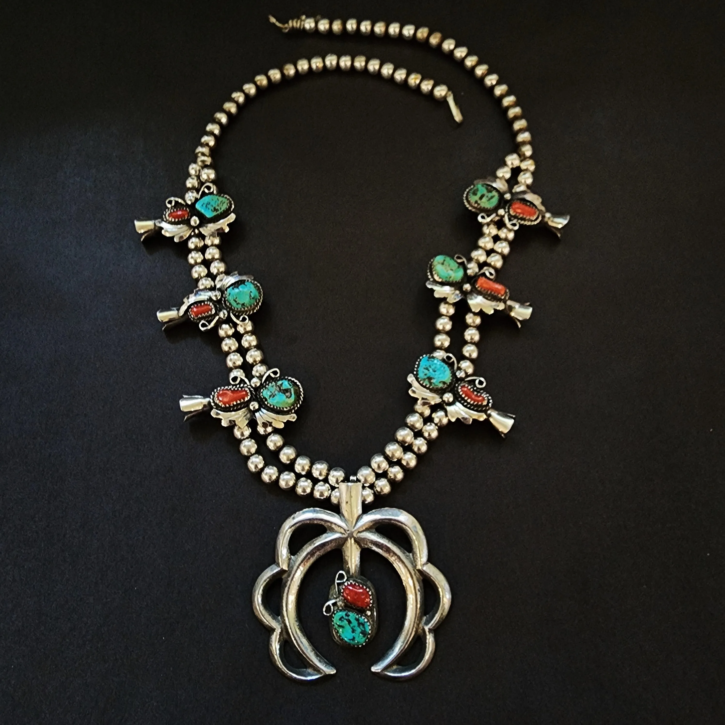 Vintage Red Coral & Turquoise Squash Blossom Necklace - 22.5" Long