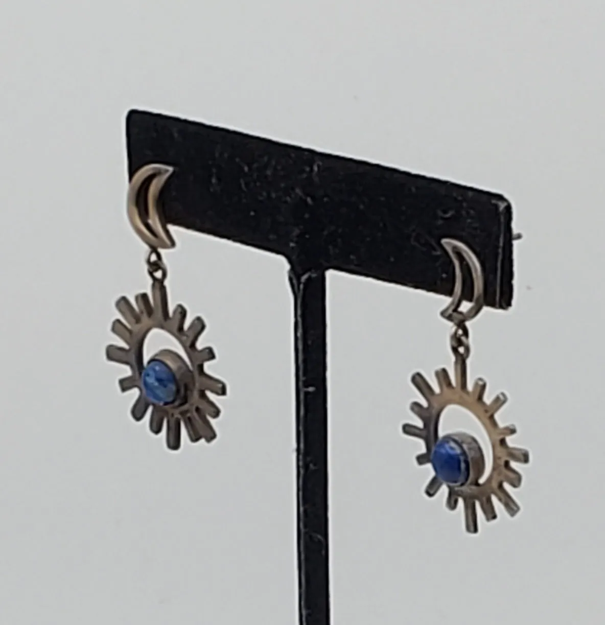 Vintage Sun and Moon Lapis Lazuli Sterling Silver Dangle Earrings