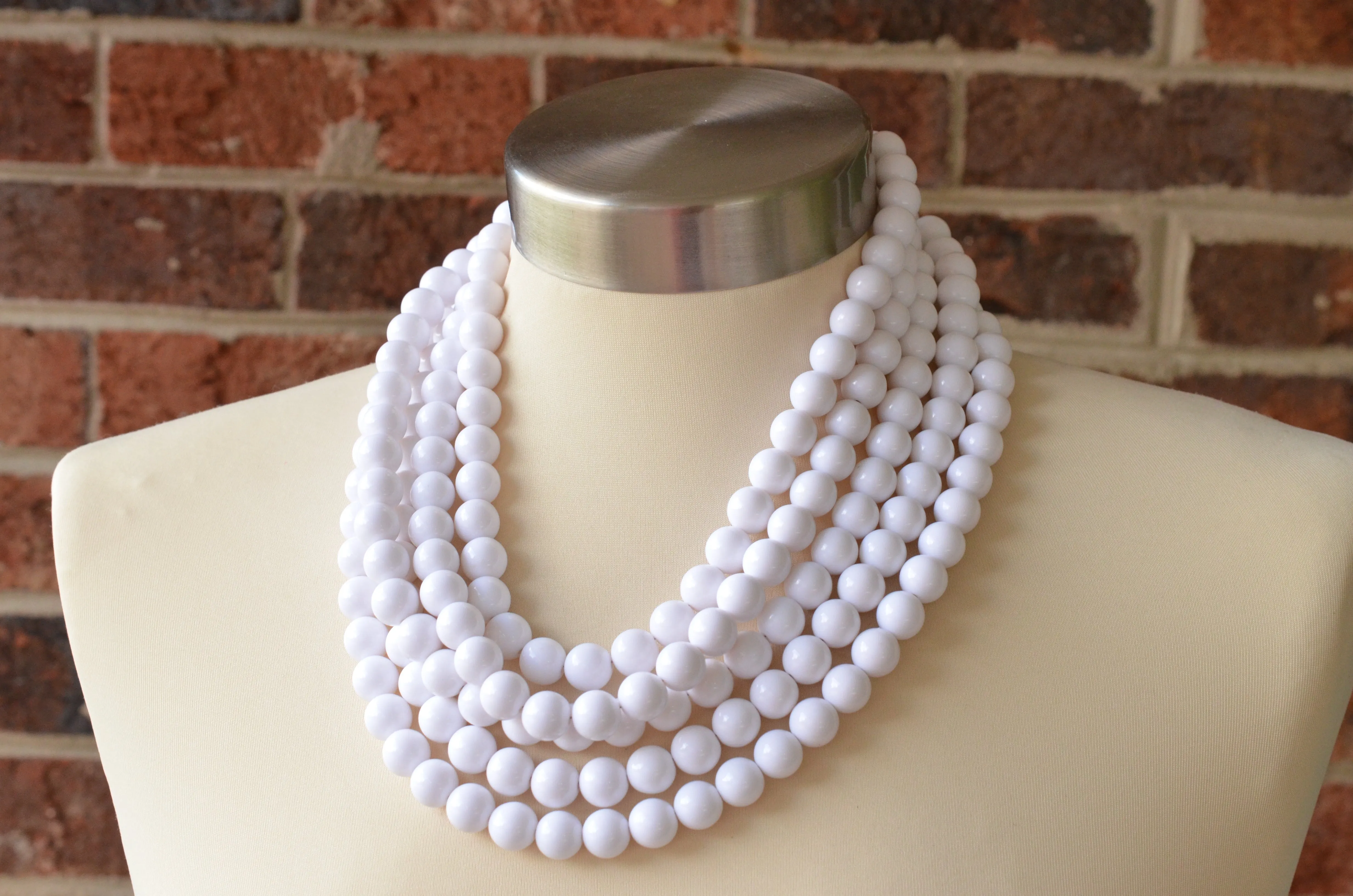 White Acrylic Big Bead Chunky Multi Strand Statement Necklace - Alana