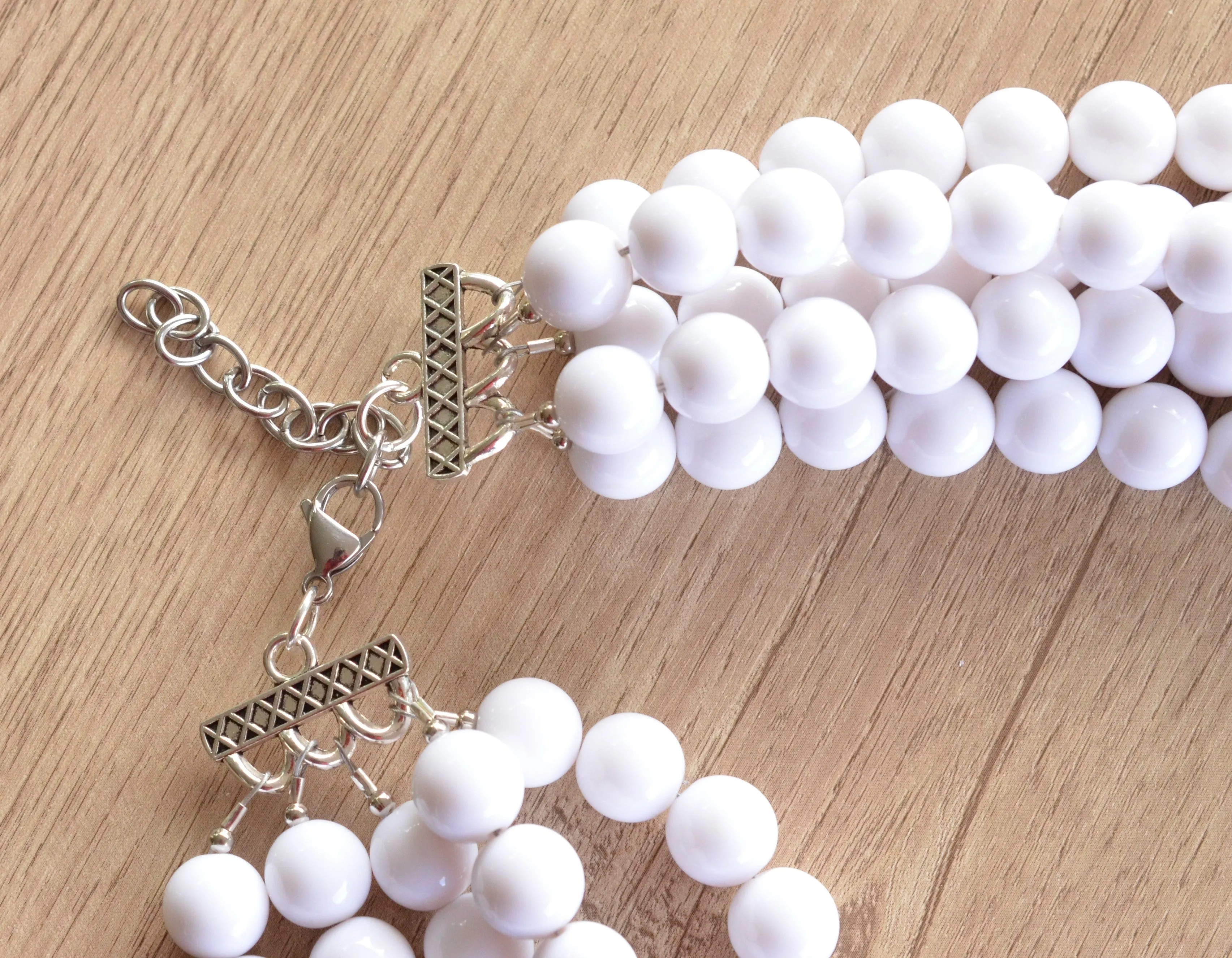 White Acrylic Big Bead Chunky Multi Strand Statement Necklace - Alana