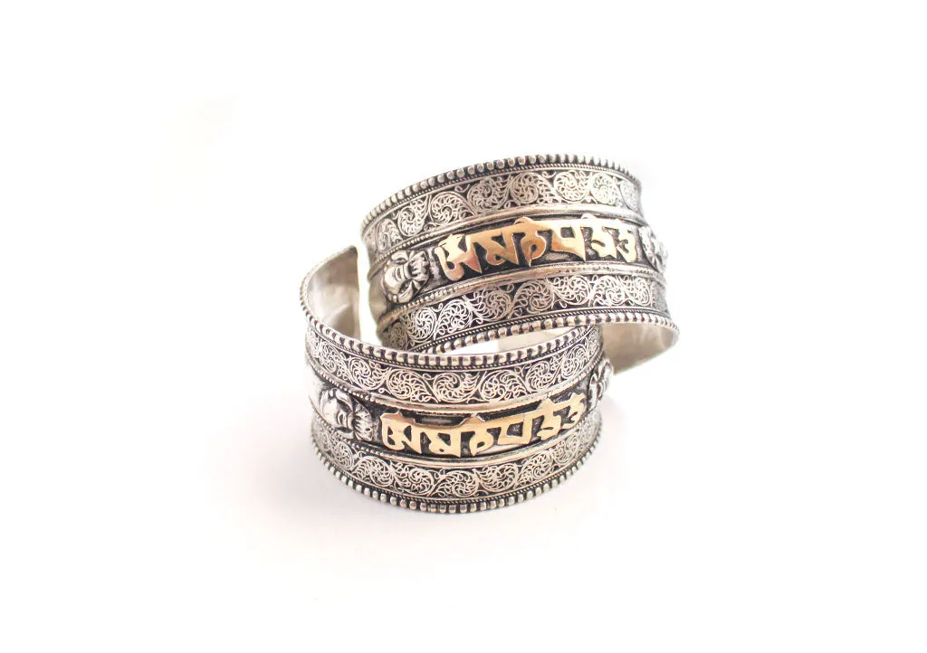 White Metal Om Mani Carved Cuff Bracelet for Meditation and Yoga