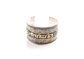 White Metal Om Mani Carved Cuff Bracelet for Meditation and Yoga