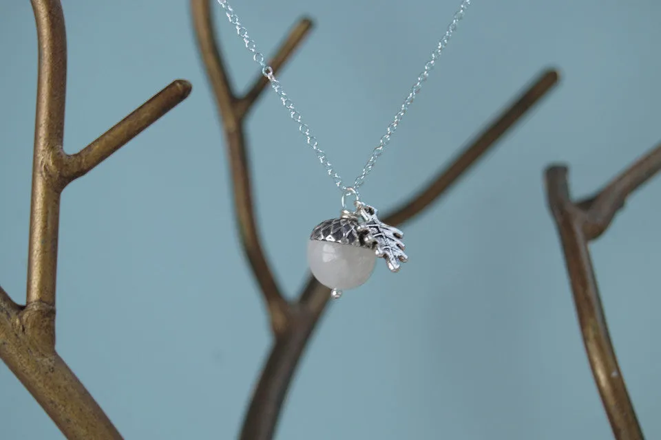 White Moonstone and Silver Acorn Necklace
