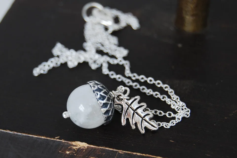 White Moonstone and Silver Acorn Necklace