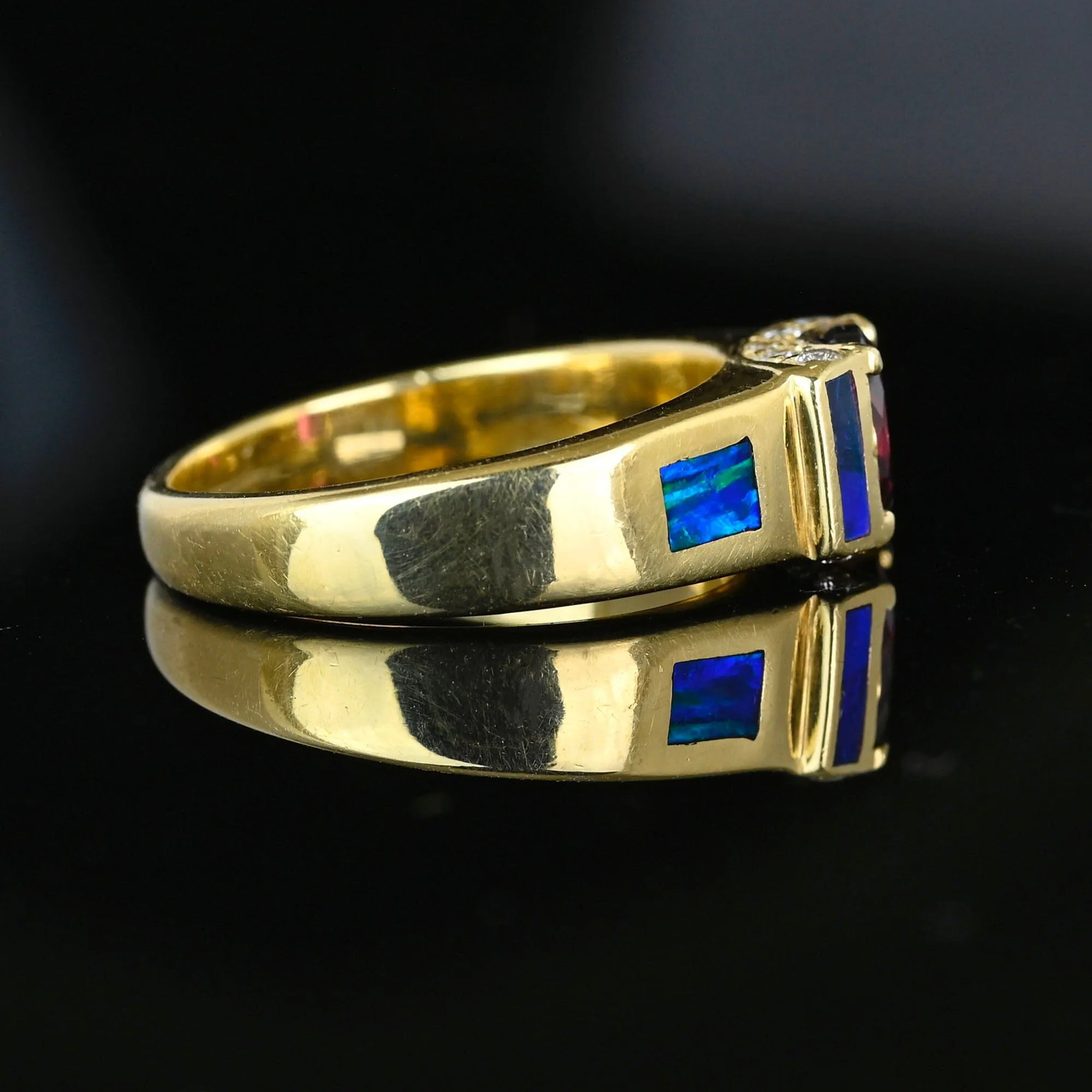 Wide 14K Gold Rhodolite Garnet Opal Ring Band Diamond Accents