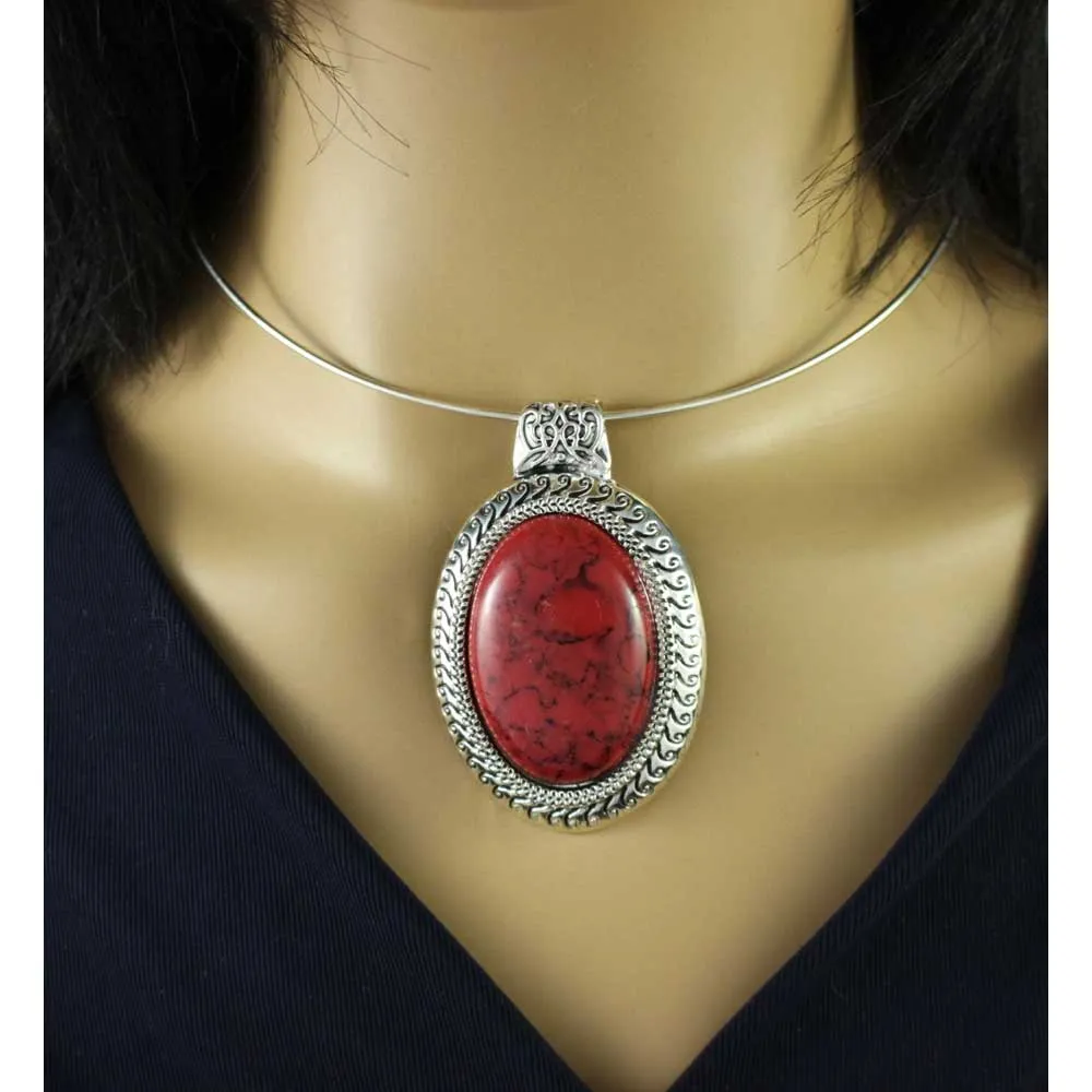 Wire Necklace with Oval Red Turquoise Pendant - FN513