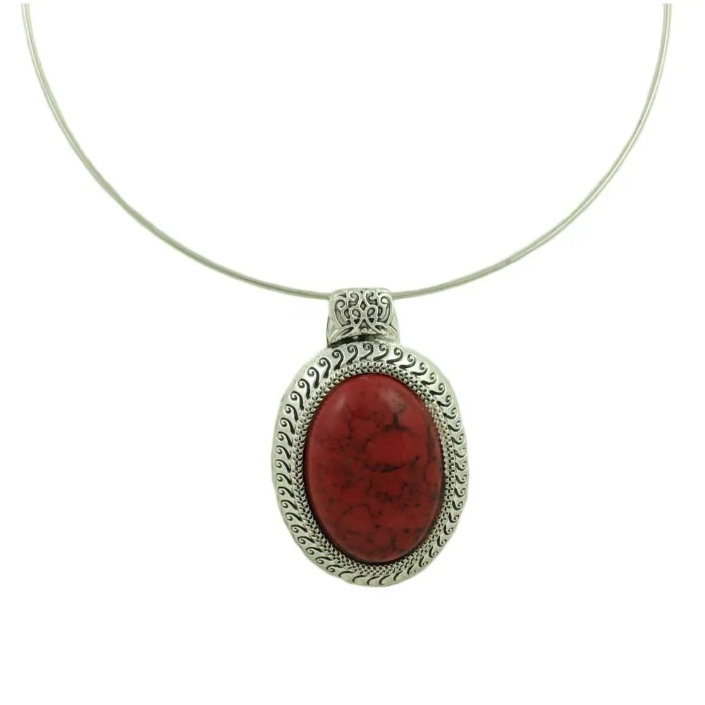 Wire Necklace with Oval Red Turquoise Pendant - FN513