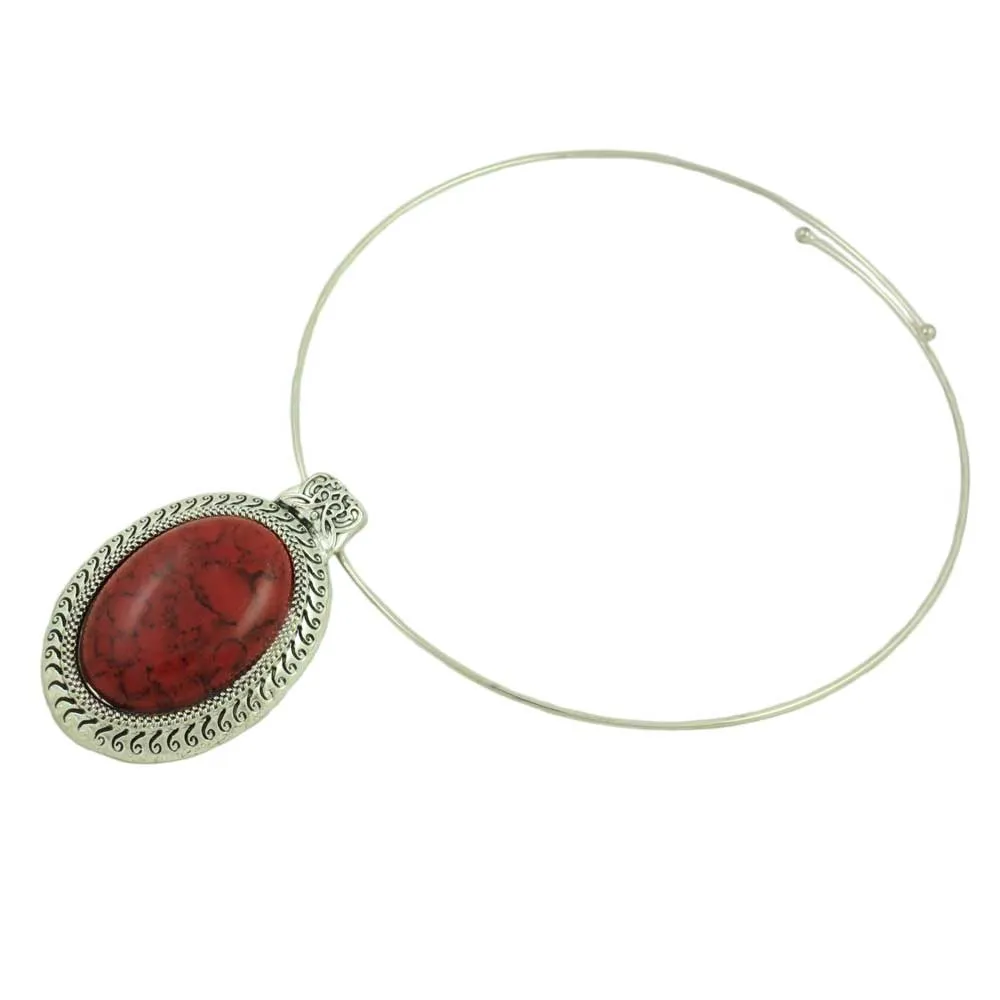 Wire Necklace with Oval Red Turquoise Pendant - FN513