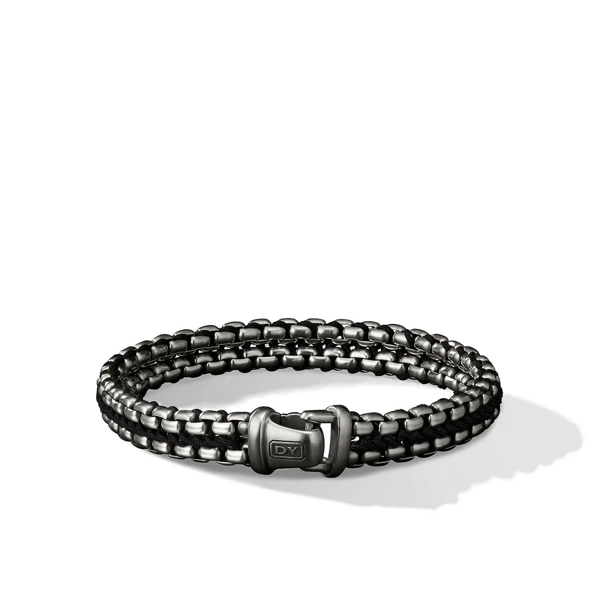 Woven Box Chain Bracelet in Sterling Silver with Black Nylon